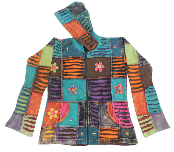 Prismatic Patchwork Added Hippie Cotton Hoodie