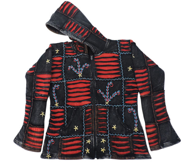 Black and Red Patchwork Hand Embroidery Hippie Razor Cut Cotton Jacket for winter