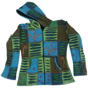 Green Tone Patchwork Fleece Lining Hippie Razor Cut Cotton Jacket for winter