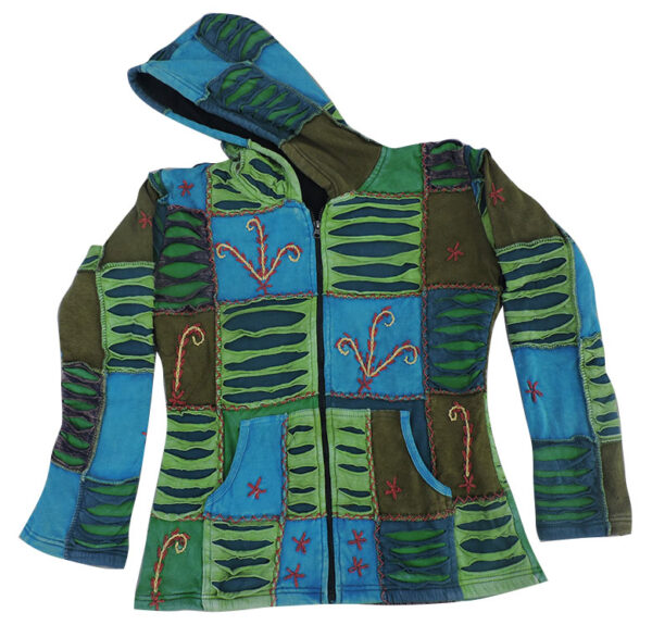 Green Tone Patchwork Fleece Lining Hippie Razor Cut Cotton Jacket for winter