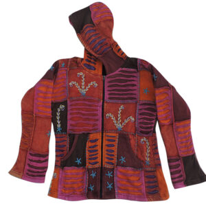 Red Tone Fleece Lining Patchwork Hippie Razor Cut Cotton Jacket for winter