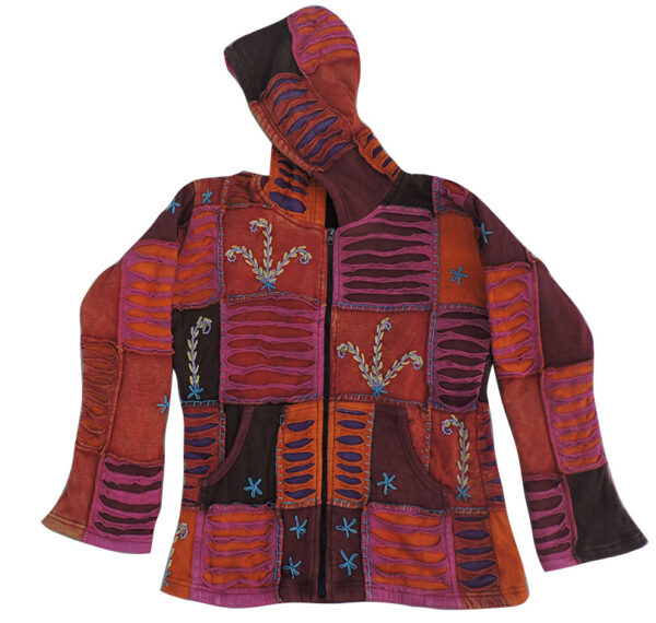 Red Tone Fleece Lining Patchwork Hippie Razor Cut Cotton Jacket for winter