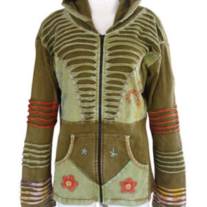 Green Tone Razor cut and Hand Embroidery Stonewash Hippie fashion style Cotton jacket