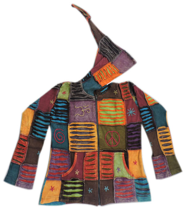 Patchwork Hoodie Jacket with Pointed Hood Goa Razor Cut hippie fashion style Cotton jacket