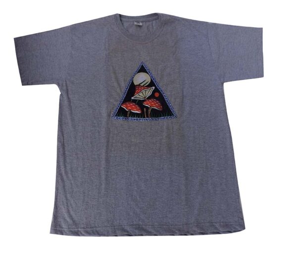 Gray tone mushroom embroidered hippie t-shirt