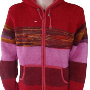 Red & pink mixed boho hooded unisex woolen jacket
