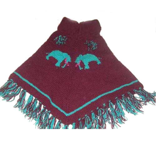 Elephant embroidered maroon winter wool poncho