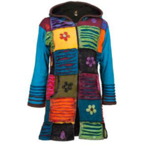 Patchwork Multicolor Hand Embroidery Hippie Long fleece lined razor cut jacket for winter
