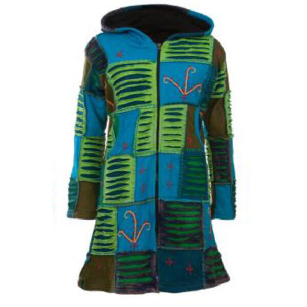 Patchwork Green Tone Hippie Long fleece lined razor cut jacket for winter