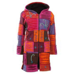 Patchwork Red Tone Hippie Long fleece lined razor cut jacket for winter