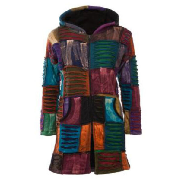 Patchwork and Razor Hippie Long fleece lined razor cut jacket for winter