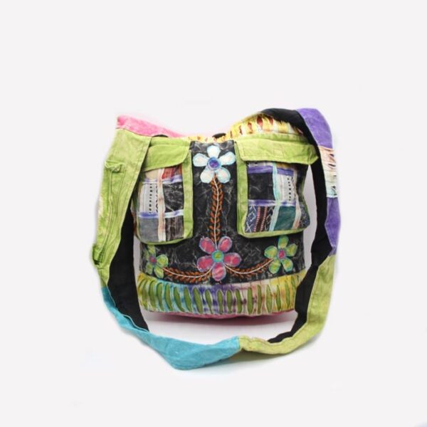 Double side pockets flower embroidered side bag