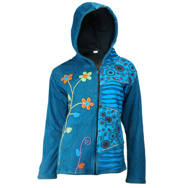 Petrol Color Combination with Print Fleece Lining Razor Cut Hippie Cotton Jacket for winter