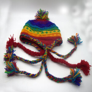 Rainbow Color Hand Knit Wool Earflap Hat Fleece Lining