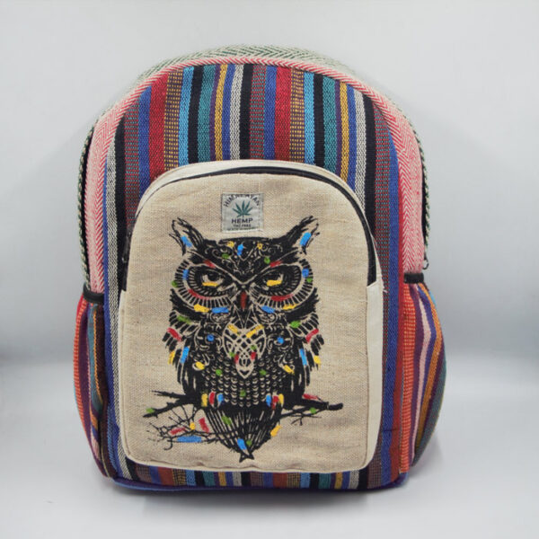 Handmade owl printed gheri hemp backpack