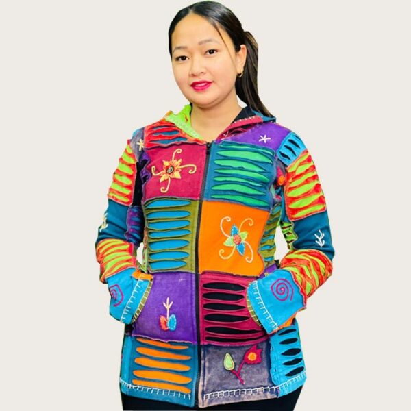 Colorful Patched Hippie Hooded Jacket