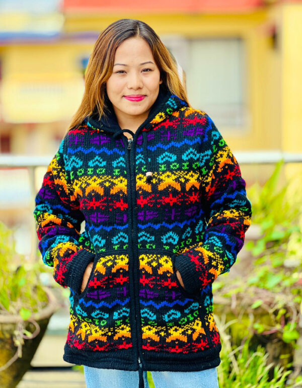 Hand knitted Fleece Lined Winter Woolen hippie festival hooded Jacket