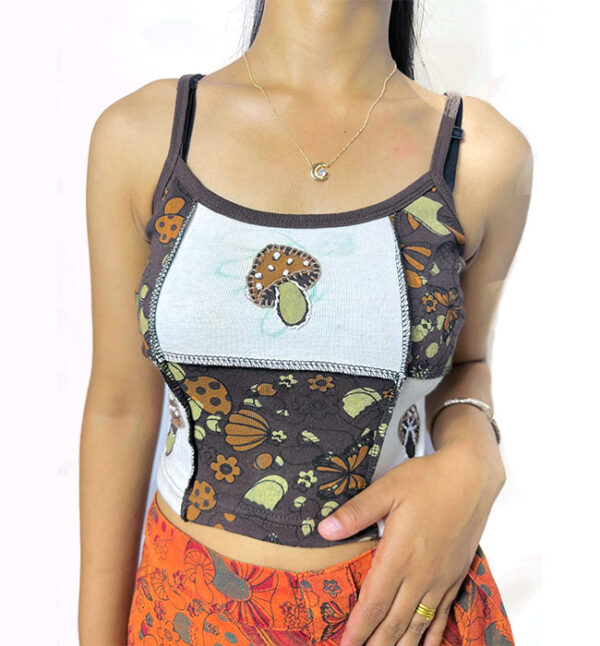 Mushroom Print Patchwork Crop Top