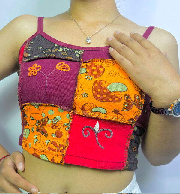 Mushroom Print Patchwork Cotton Top