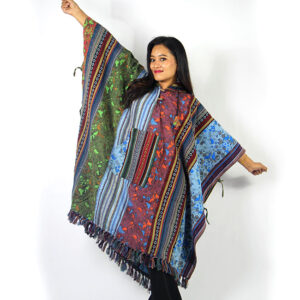 Handmade Patchwork Poncho – Mushroom Print | Boho Festival Hoodie Cape