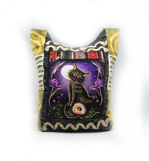 Hippie cotton cat embroidery handmade crossbody shoulder bag
