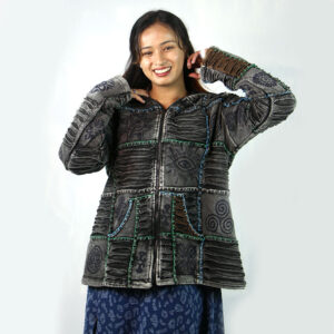 Unisex Boho Gypsy Hoodie Jacket – Black Patchwork with Razor Cuts