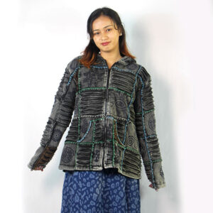 Unisex Boho Gypsy Hoodie Jacket – Black Patchwork with Razor Cuts