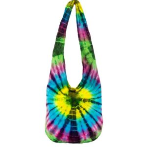 Elevate your boho look with this vibrant tie-dyed sling bag, designed in a striking tribal style. Crafted with care from vegan-friendly materials