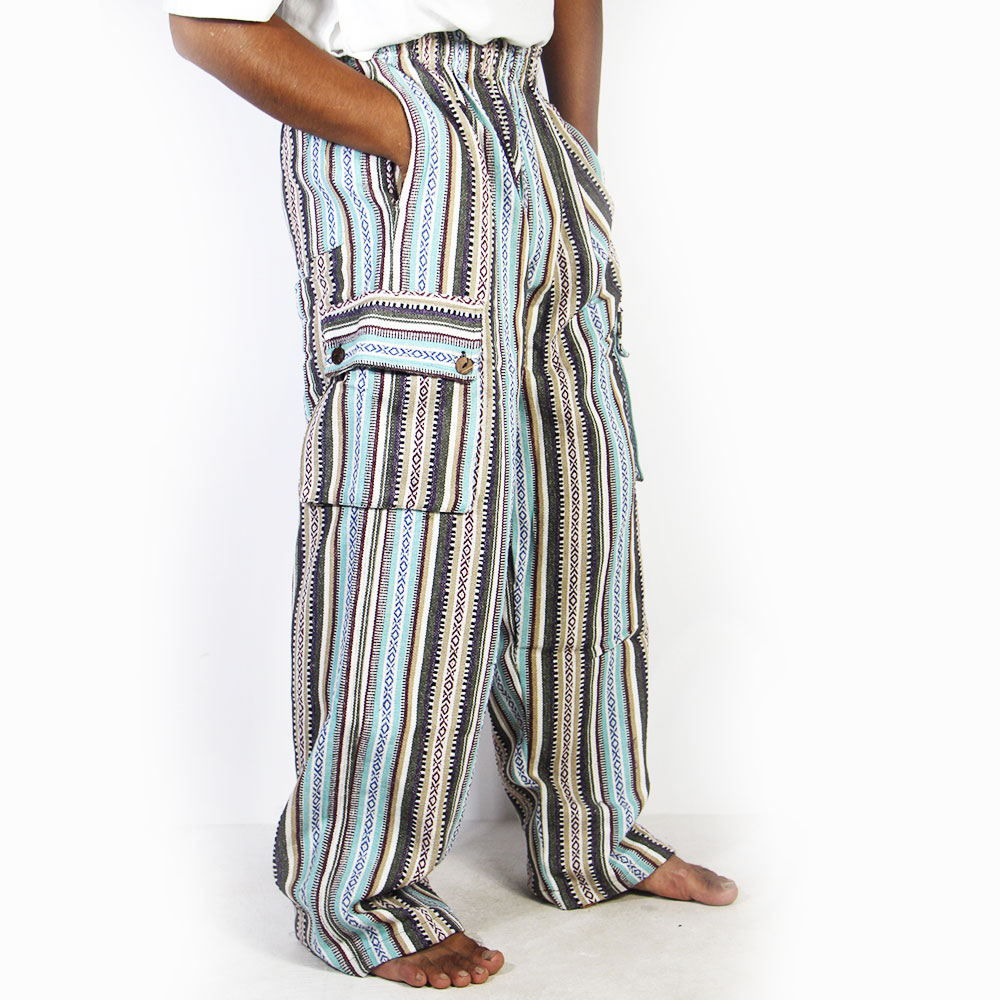 Handmade Himalayan Cotton Cargo Pants | Boho Striped Hippie Trousers | Unisex Festival & Travel Wear from Nepal