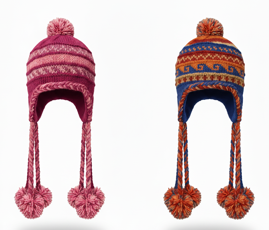 Hand-Knitted Sherpa Wool Airflap Hat with Long Pom-Pom | Warm Boho Winter Cap