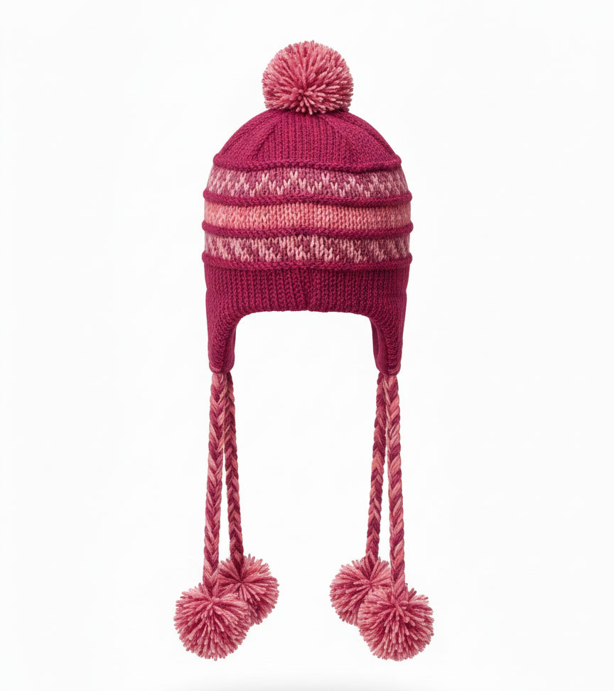 Hand-Knitted Sherpa Wool Airflap Hat with Long Pom-Pom | Warm Boho Winter Cap