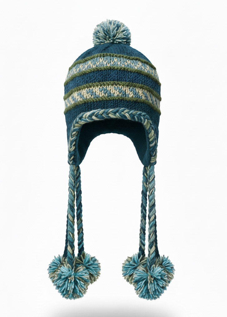 Vintage Hippie Sherpa Wool Airflap Hat | Handmade Knit with Long Pom-Pom