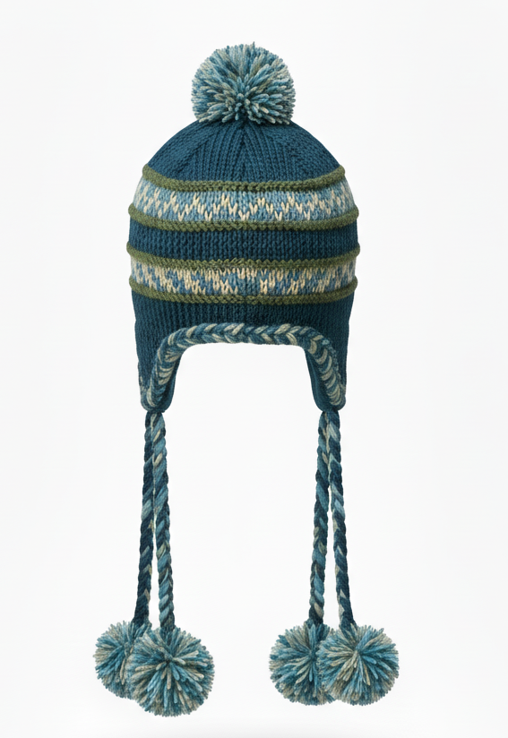 Vintage Hippie Sherpa Wool Airflap Hat | Handmade Knit with Long Pom-Pom