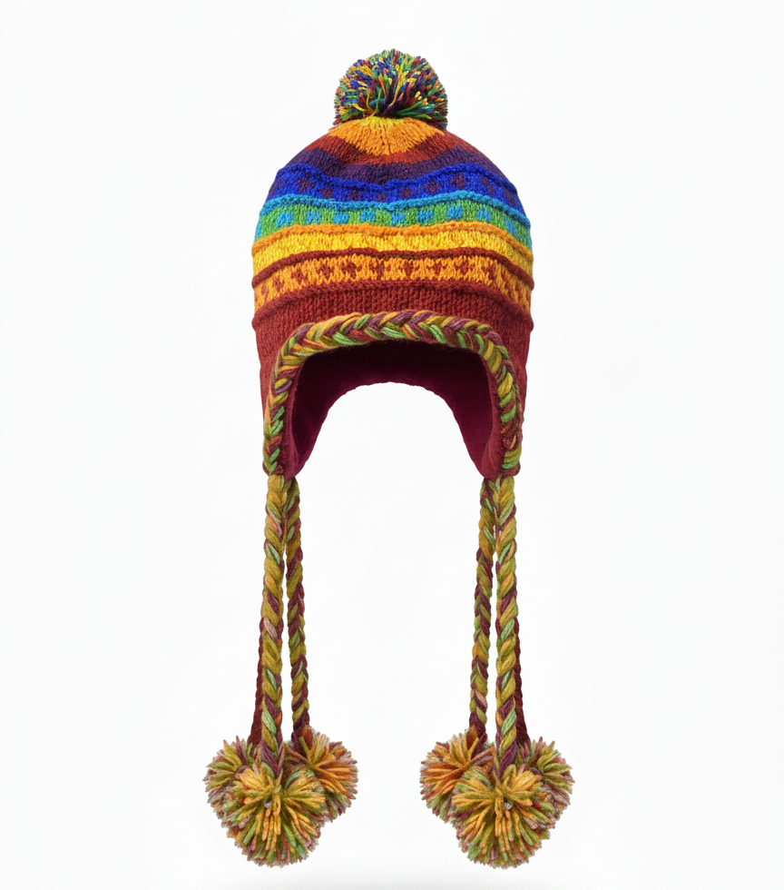 Boho Rainbow Sherpa Wool Airflap Hat | Handmade Long Pom-Pom | Pure Himalayan NZ Wool | Manufacturer