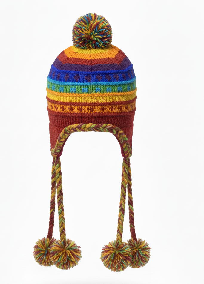 Boho Rainbow Sherpa Wool Airflap Hat | Handmade Long Pom-Pom | Pure Himalayan NZ Wool | Manufacturer