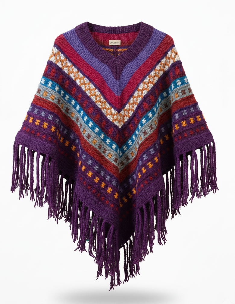 Artisan Hand-Knitted Wool Poncho | Vintage Hippie Boho Style | Pure New Zealand Wool | Fair Trade Wholesale