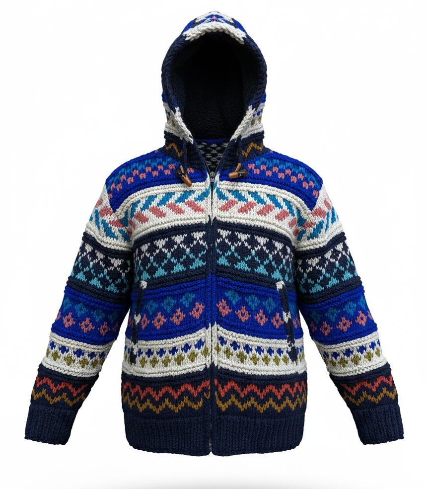 Vintage Hippie Knitted Wool Jacket | Fleece-Lined | Colorful Boho | NZ Wool Wholesale