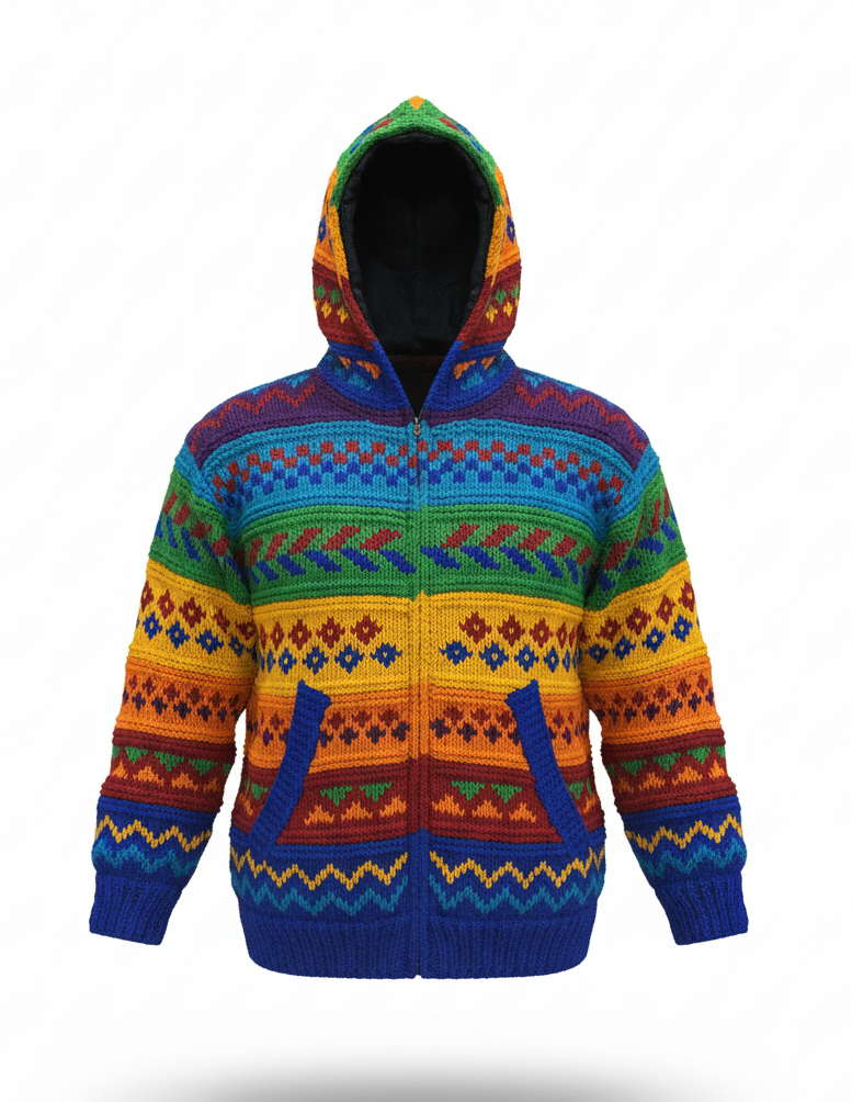Colorful Festival Wool Jacket | Hand-Knit & Fleece-Lined | Boho Hippie | NZ Wool