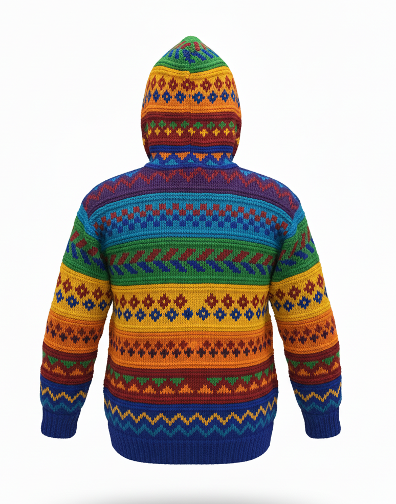 Colorful Festival Wool Jacket | Hand-Knit & Fleece-Lined | Boho Hippie | NZ Wool