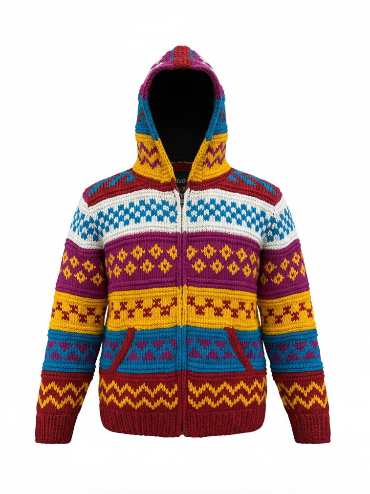 Handcrafted Rainbow Bohemian Jacket | Knitted & Fleece-Lined | Pure NZ Wool | Wholesale