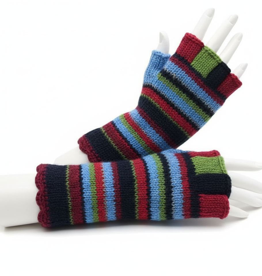 Ethical Nepal Wool Fingerless Gloves | Hand-Knitted Boho Hippie Cold Weather Gloves