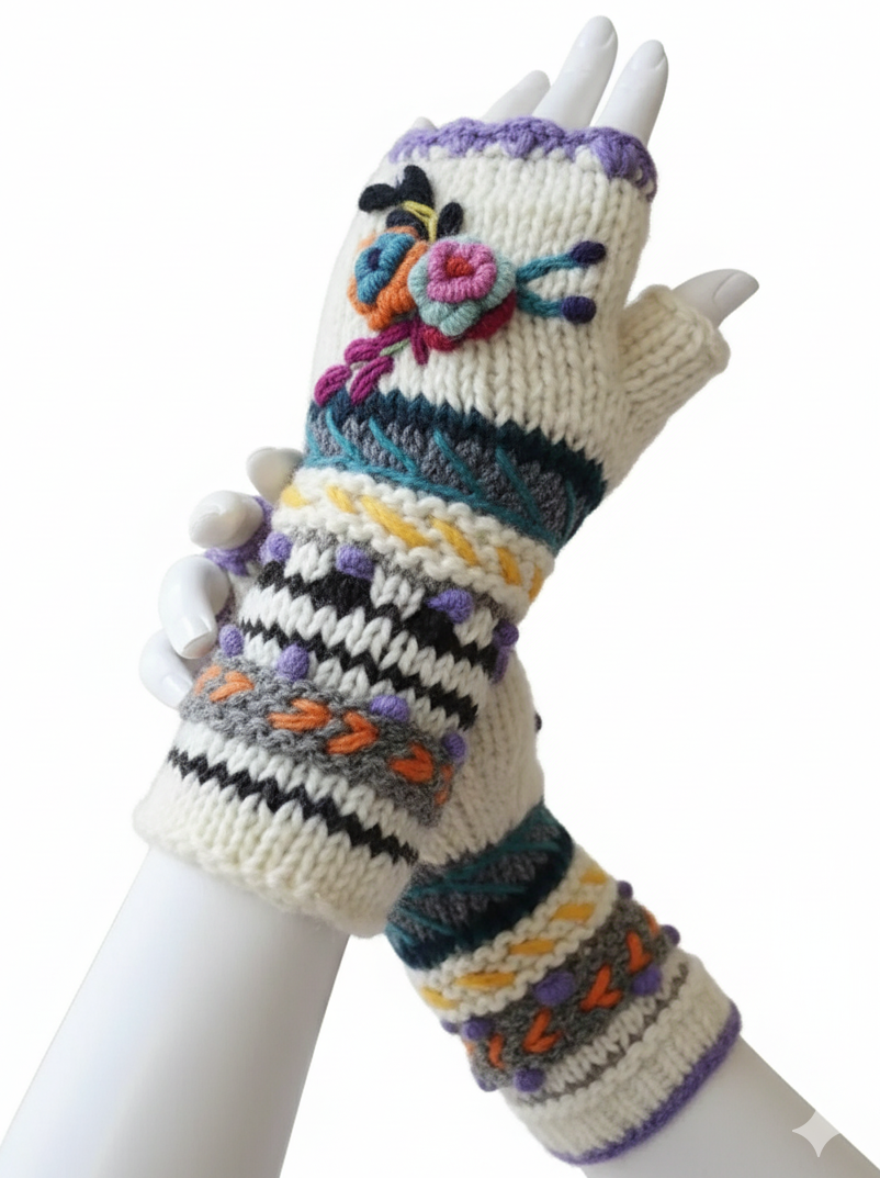 Traditional Nepalese Fingerless Wool Gloves | Hand-Knitted & Warm for Winter