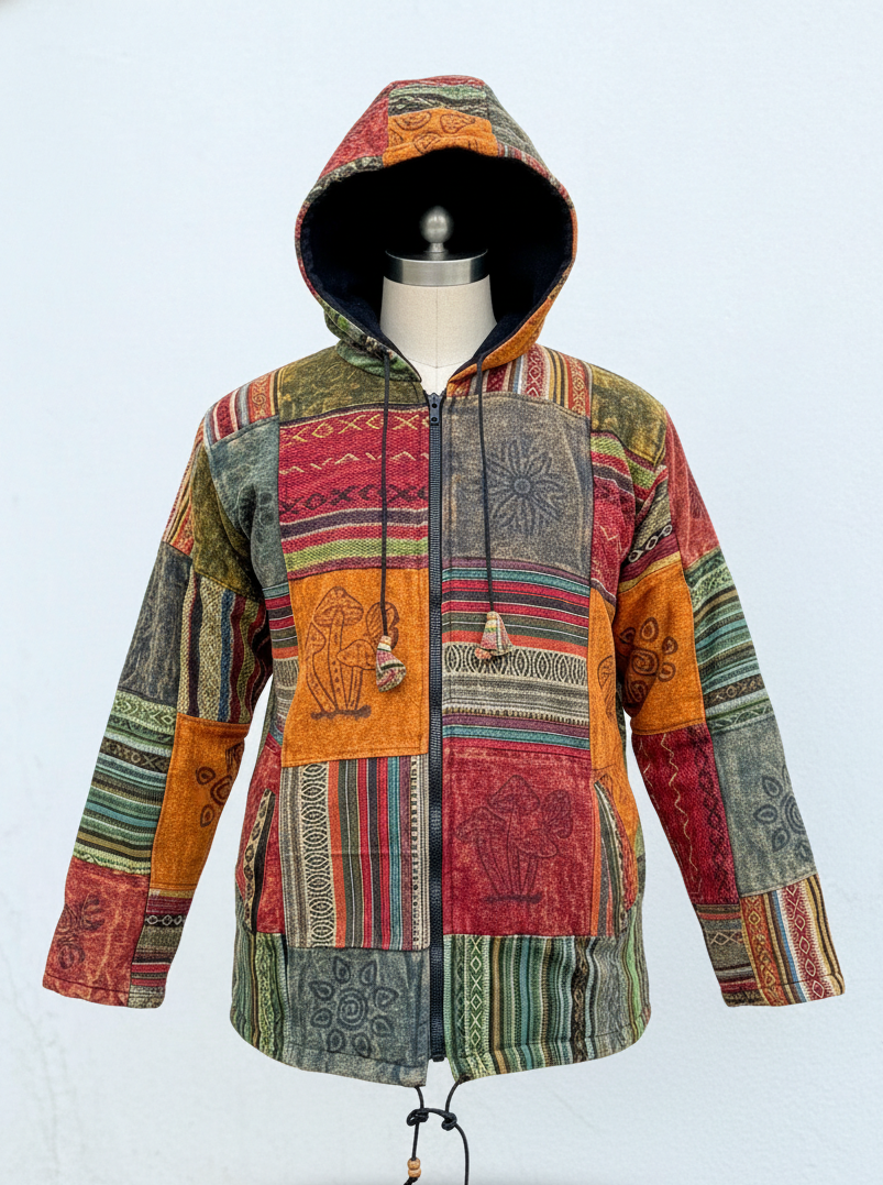Himalayan Gheri Patchwork Cotton Jacket with Polar Fleece Lining