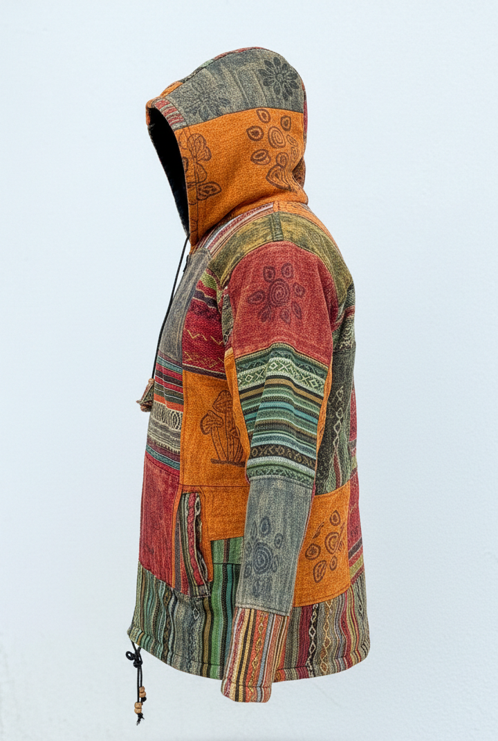 Himalayan Gheri Patchwork Cotton Jacket with Polar Fleece Lining