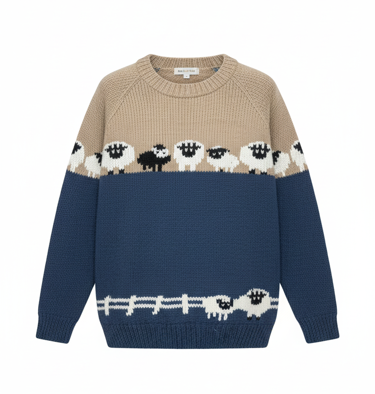 Hand-Knitted Himalayan Wool Jumper with Sheep Scene – Cozy Boho Winter Sweater | Wholesale Nepal