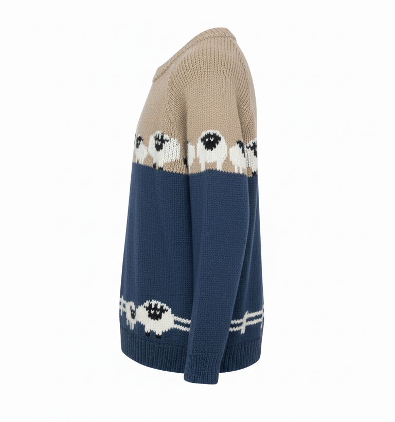 Hand-Knitted Himalayan Wool Jumper with Sheep Scene – Cozy Boho Winter Sweater | Wholesale Nepal