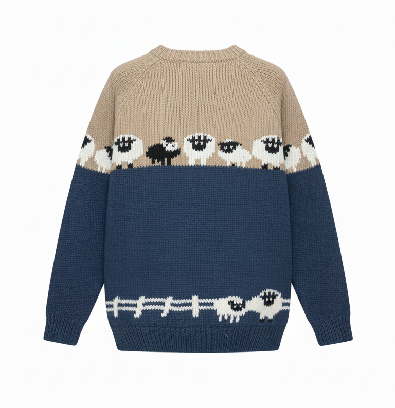 Hand-Knitted Himalayan Wool Jumper with Sheep Scene – Cozy Boho Winter Sweater | Wholesale Nepal